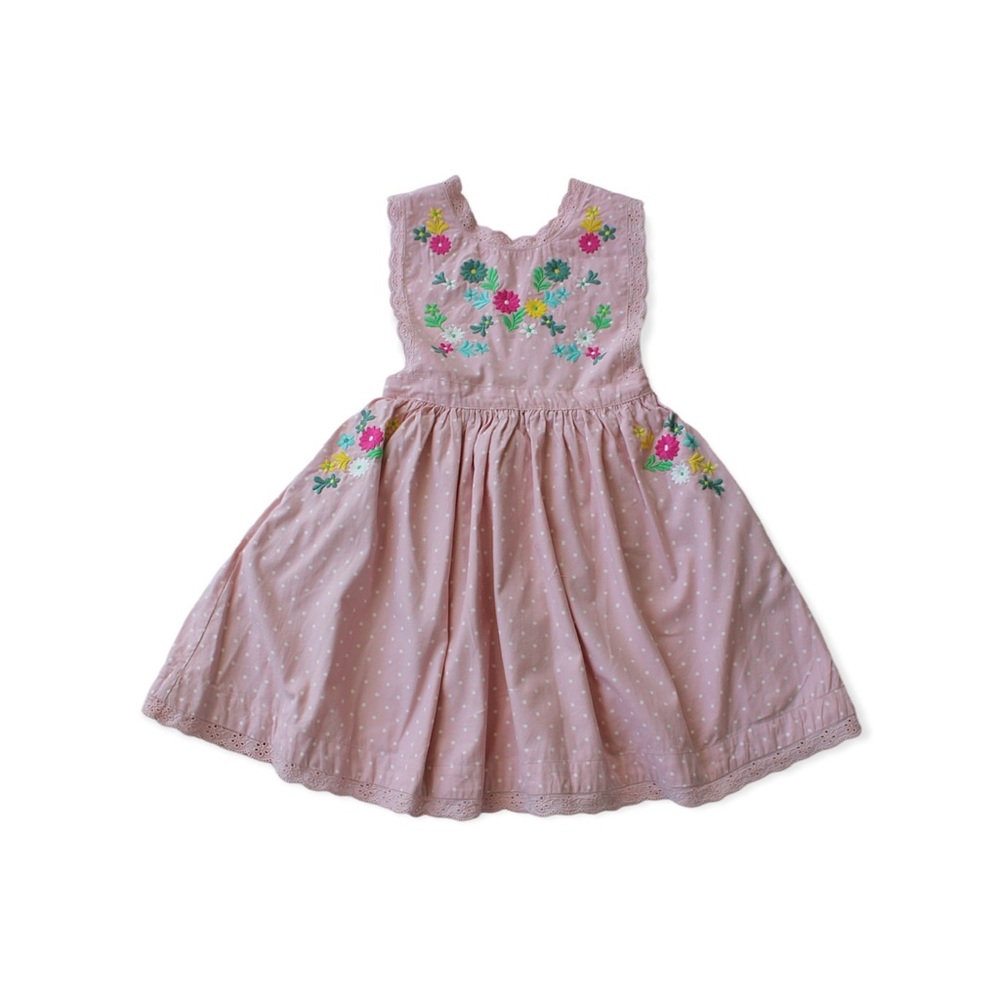 Boden Embroidered Pinafore Dress Pink Polkadots Size 7/8